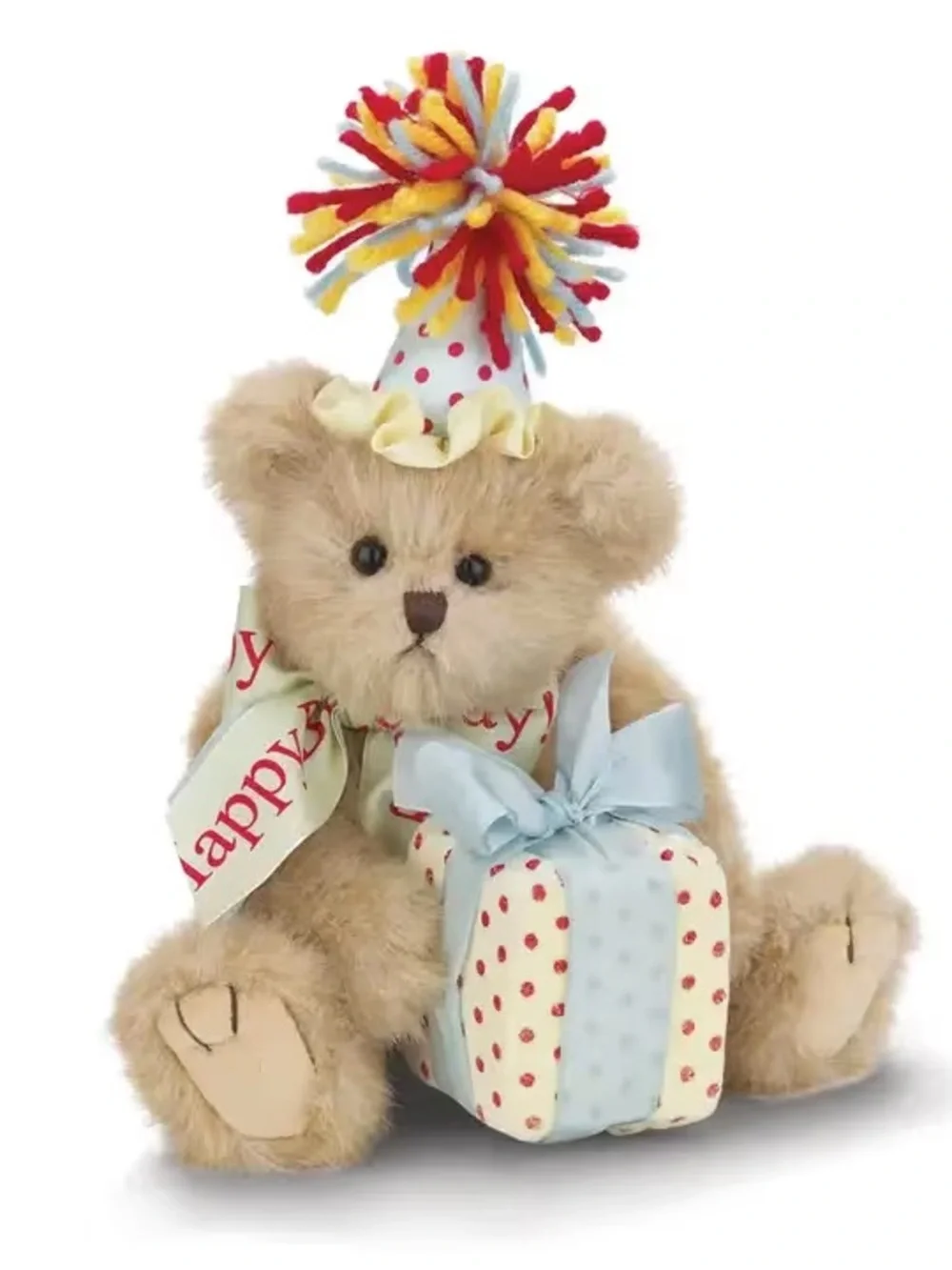 Bearington Collection Birthday Bear with Party Hat and Gift - Cream
